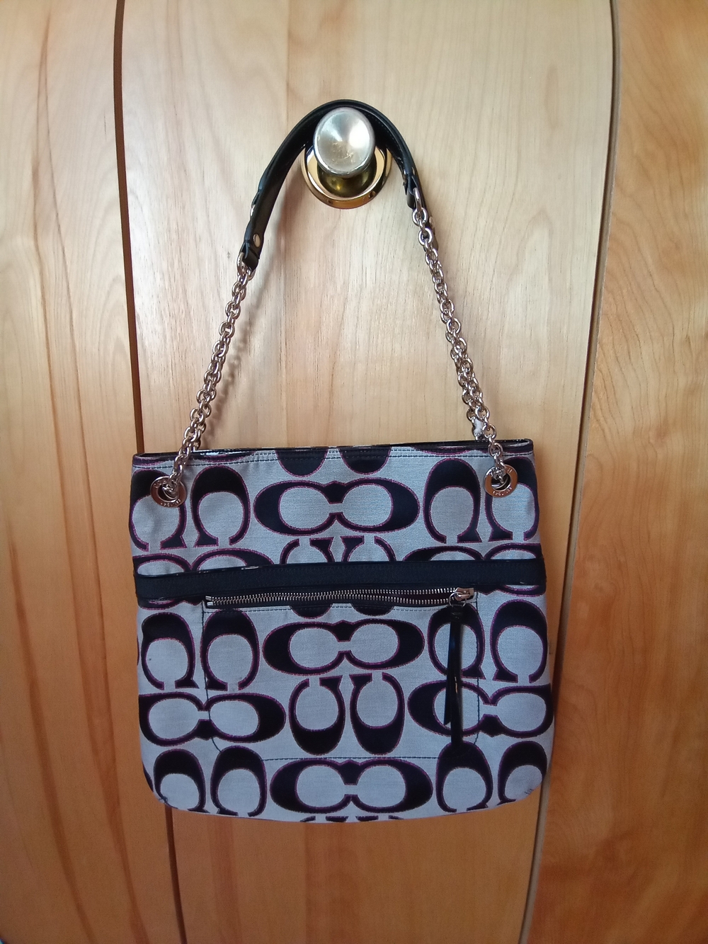 Coach Black and White Signature Logo Chain-Handle Shoulder Bag